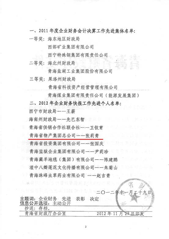 物產(chǎn)集團榮獲2011年度財務決算先進單位、2012年度財務快報工作先進個人表彰